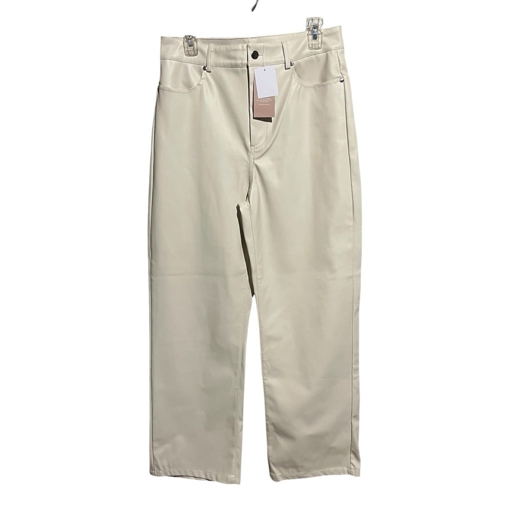 JUSTFAB women's NWT Faux Leather straight leg pants, Cream Beige, Size Large L